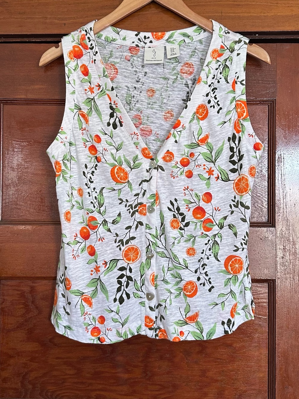 Joie Orange Fruit Linen Blend V-Neck Sleeveless Button Down Tank Top Sz Medium
